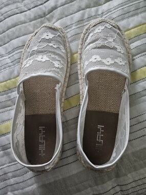 White Lace Espadrille Slip-On Flats by